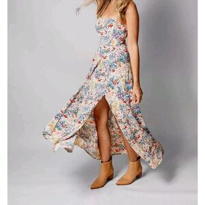 Lush Floral Print Maxi Dress Side Slit Strappy Size Small